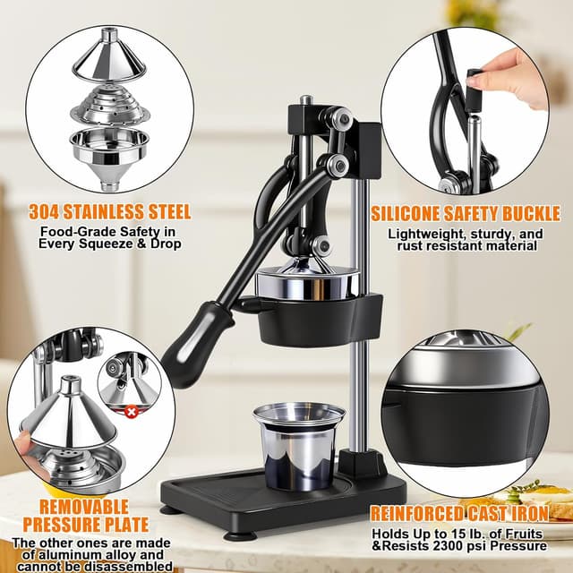 Detalle de ASIALEO Manual Cast Iron Citrus Juicer (Black) – Heavy-Duty Countertop Hand Press for Oranges, Lemons & Limes