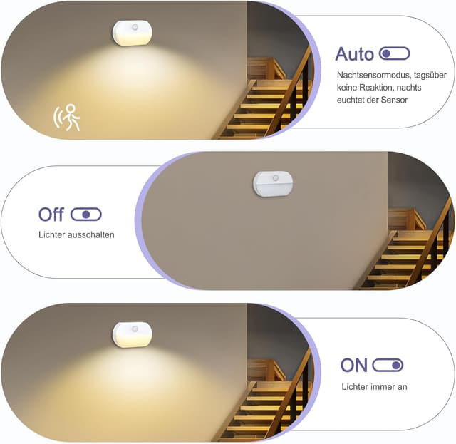 Detalle de OQIMAX Nachtlicht mit Bewegungsmelder – 2er-Set, 3 Modi (AUTO/OFF/ON) & 3 Farbtemperaturen