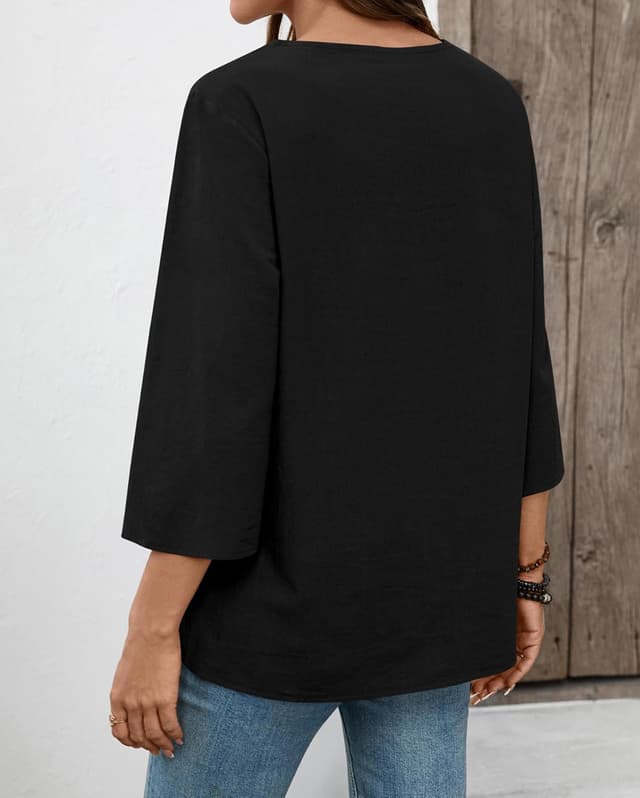 Detalle 2 de Rapbin Damen-Bluse 3/4 Arm mit V-Ausschnitt aus Baumwoll-Leinen-Mix und Spitze