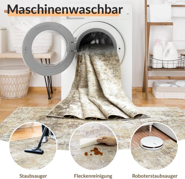 Detalle 2 de INOVADAY waschbarer Teppich für Wohnzimmer & Schlafzimmer, 90x150 cm – modernes abstraktes Design in Braun/Grau