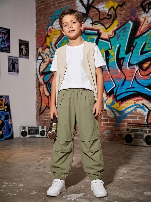Detalle de JiAmy Boys Cargo Trousers (5–14 years) Elasticated Waist Parachute Jogging Pants