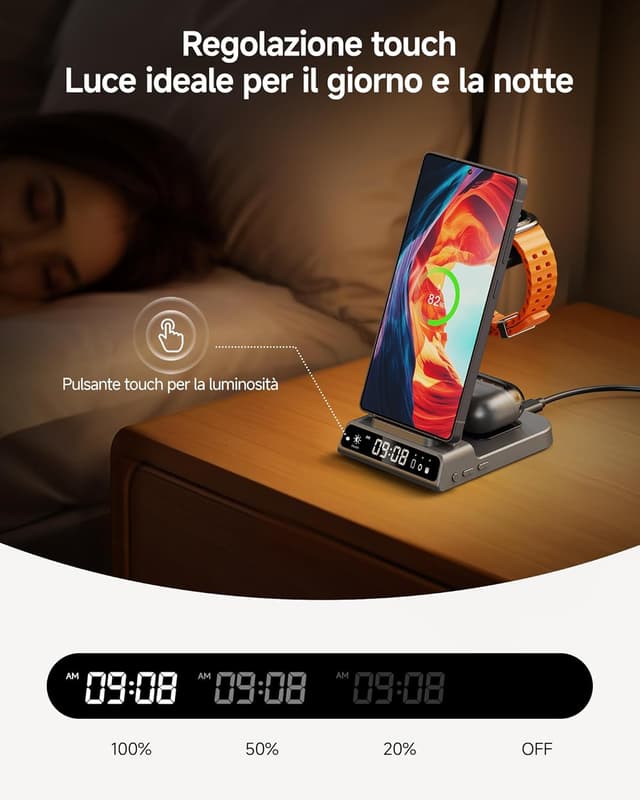 Detalle de Caricatore Wireless 3 in 1 per Samsung con orologio digitale