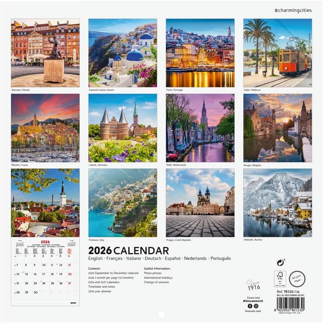 Detalle de Finocam Calendrier mural 2026 30 x 30 cm (janv. à déc. 2026 + sept.-déc. 2025 réduits) — multilingue