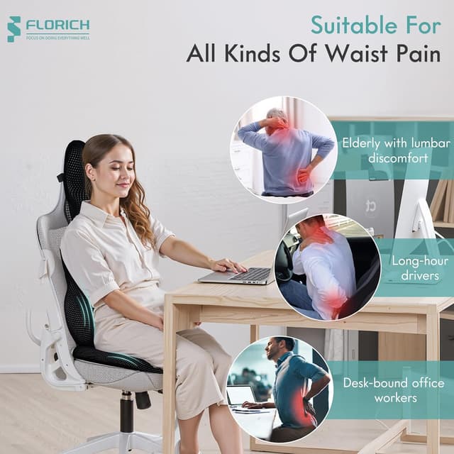 Detalle de FLORICH Car Seat Cushion and Lumbar Support Pillow Set (Memory Foam) for Office Chair, Car, and Wheelchair – Black