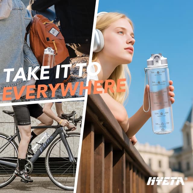 Thumbnail 6 de Hyeta 32oz Motivational Water Bottle with Straw and Time Markings (Leak-proof)
