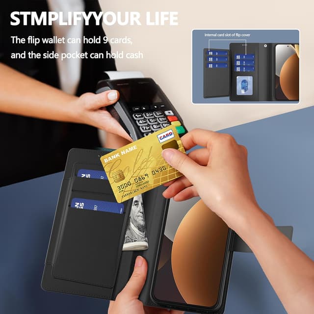 Detalle de Pollachi Coque pour Xiaomi Redmi Note 15 Pro avec portefeuille 9 cartes et écran en verre trempé – Noir