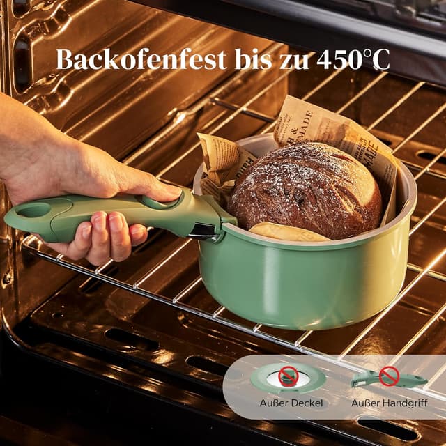 Detalle de Redchef Töpfe-Set mit abnehmbaren Griffen (16/18/20 cm) + 3-in-1 Deckel für Induktion & weitere Herdarten – grün