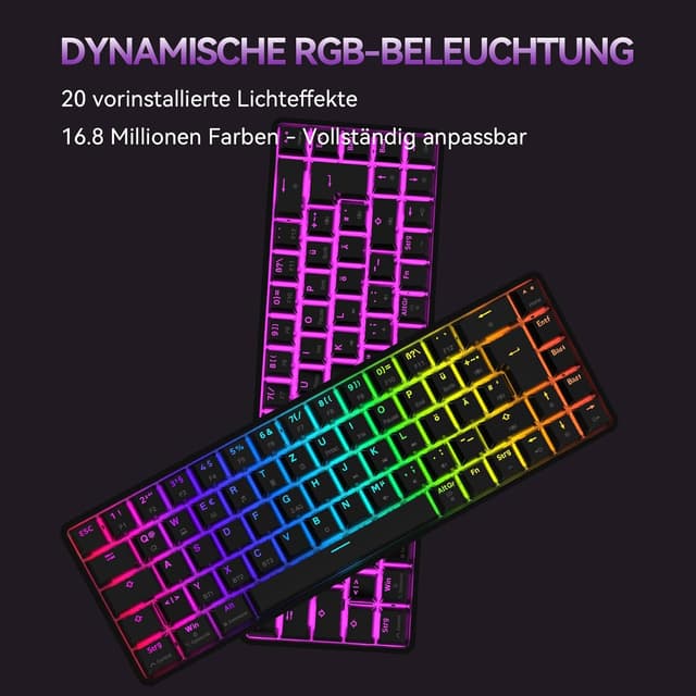 Detalle de TMKB T68 Gaming-Tastatur (68 Tasten, kabellos) mit Bluetooth/2.4G/Typ-C und Anti-Ghosting – QWERTZ, blau