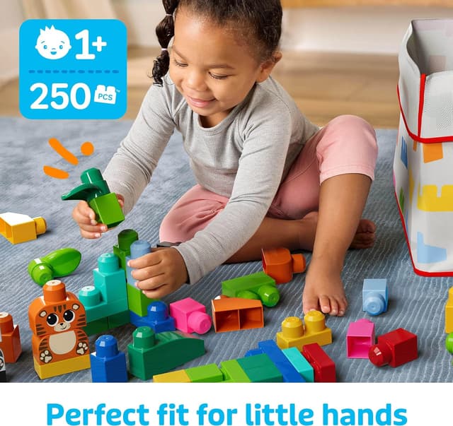Detalle de Mega Bloks Fisher-Price toddler building toy with animal blocks (250 pieces, reusable storage bag) JCF93
