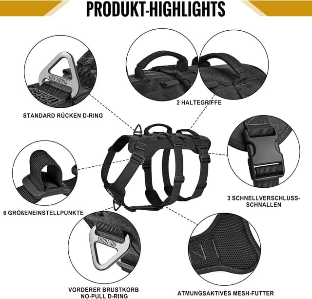 Detalle de OneTigris Hundegeschirr T-Bone mit 2 Griffen, ausbruchsicher & einstellbar (Schwarz, S)