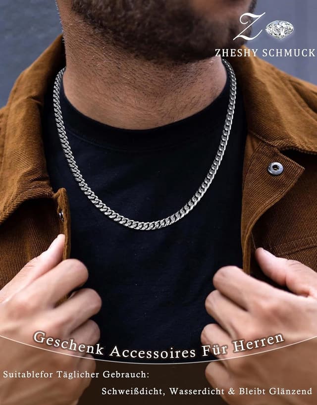 Detalle de ZHESHY Herren-Halskette aus 316L-Edelstahl (Panzer-/Kubanische Kette), silber/goldfarben, wasserglänzend, mehrere Längen