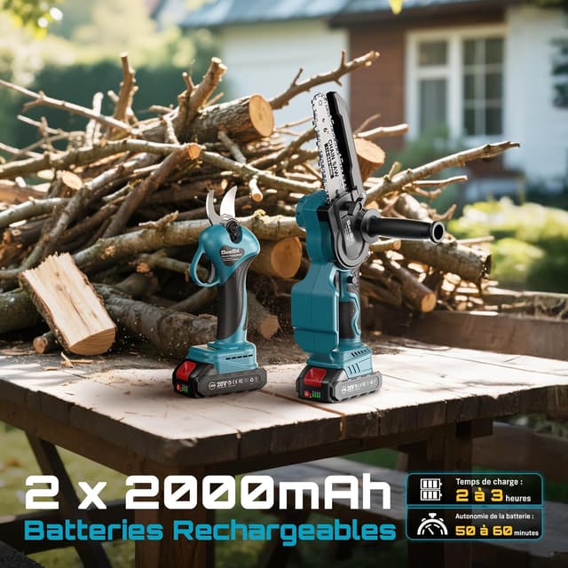 Detalle de SEESII 6 pouces mini tronçonneuse & sécateur électrique sans fil 2-en-1 (kit batteries 2×2000 mAh, moteur brushless)