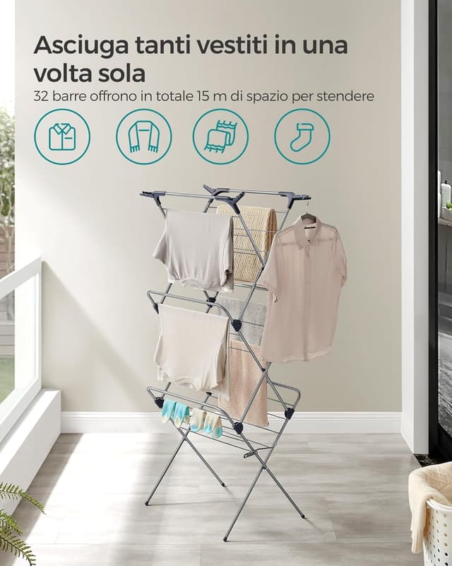 Detalle de SONGMICS Stendibiancheria verticale a torre pieghevole LLR715G01, struttura in acciaio, 42 x 62,5 x 150 cm