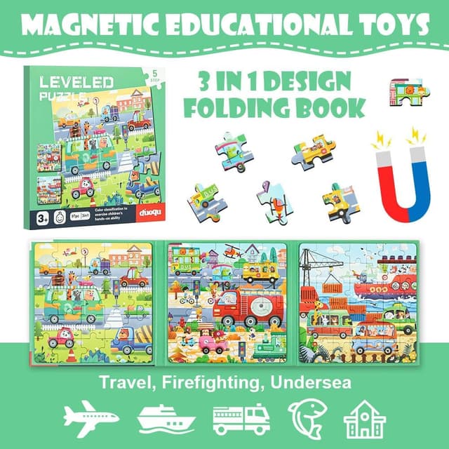 Detalle de Aolso Magnetic Puzzles for Kids (Ages 3–5) – Toddler Travel Jigsaw Book with Traffic Scenes