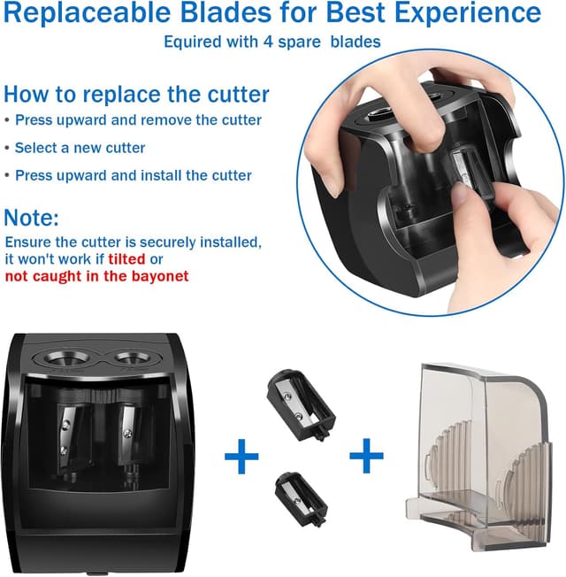 Detalle 2 de Temperamatite elettrico USB professionale doppio foro per matite 6-12 mm con serbatoio e 4 lame di ricambio