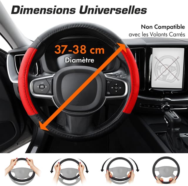 Detalle 2 de Couvre-volant Upgrade4cars en simili cuir noir et rouge (taille universelle 37–38 cm)