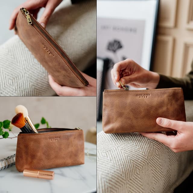 Detalle de Berliner Bags Anna trousse de toilette en cuir véritable marron (19 x 10 x 3 cm)