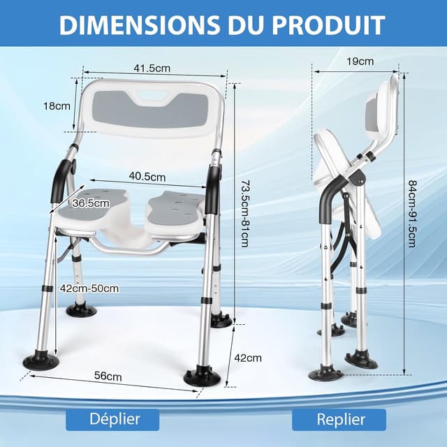 Detalle 2 de DEWEL Chaise de douche pliable avec dossier et accoudoir, hauteur réglable (jusqu’à 150 kg), gris