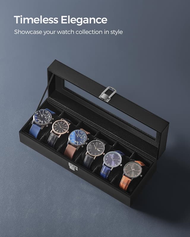 Detalle de SONGMICS JWB06B01 6-Slot Watch Box with Glass Lid and Removable Pillows