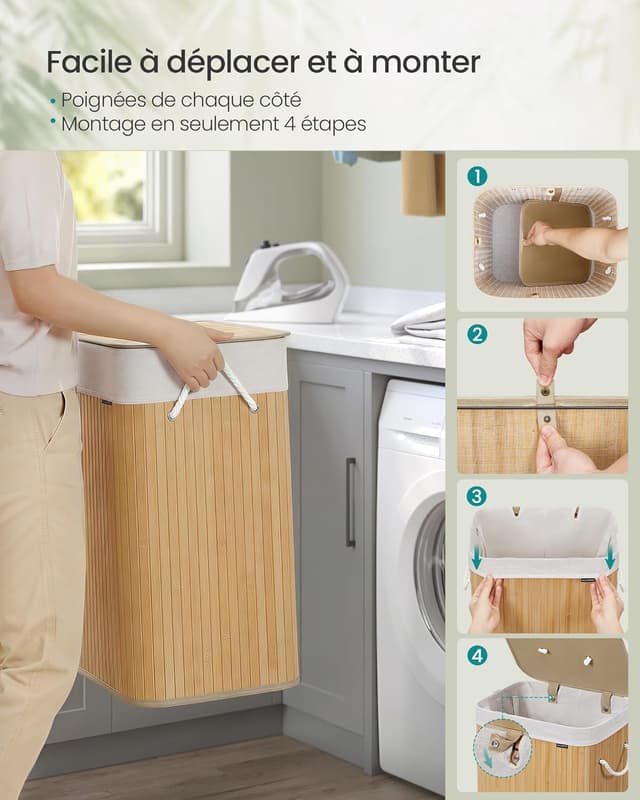 Detalle de SONGMICS LCB10Y – Panier à linge en bambou avec couvercle 72 L, pliable et sac amovible lavable