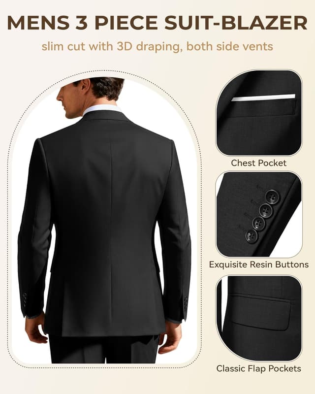 Detalle de ZKHOECR Men’s 3-Piece Slim Fit Suit Set (Two-Button Blazer, Vest, Pants) for Weddings & Business