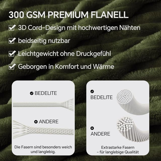 Detalle 2 de BEDELITE Kuscheldecke flauschig in Olivgrün (125x150) – weiche Flanell-Decke als Sofaüberwurf