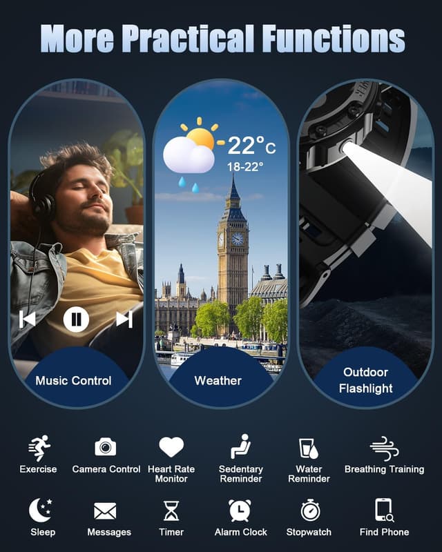 Detalle 2 de Military Smart Watches for Men (Answer/Make Calls) 1.39–1.45" HD Fitness Watch with 114+ Sports Modes, IP68 (Black)