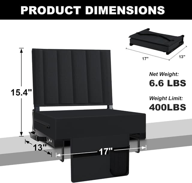 Detalle de Aliphon Stadium Seat for Bleachers with Back Support, Cushion, Cup Holder & Shoulder Strap (Black)