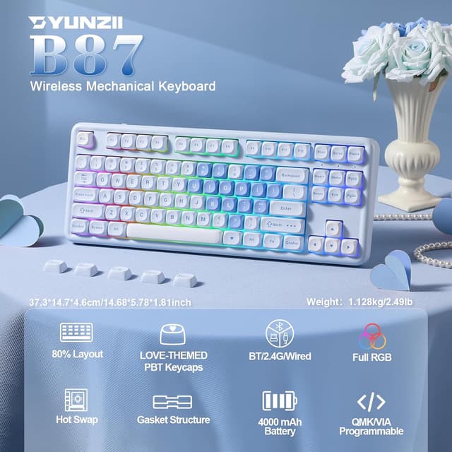 Detalle 2 de YUNZII B87 drahtlose mechanische Tastatur (QMK/VIA, Gasket, RGB, BT5.0/2.4G/USB‑C) mit Soft-Touch-Wrist Rest
