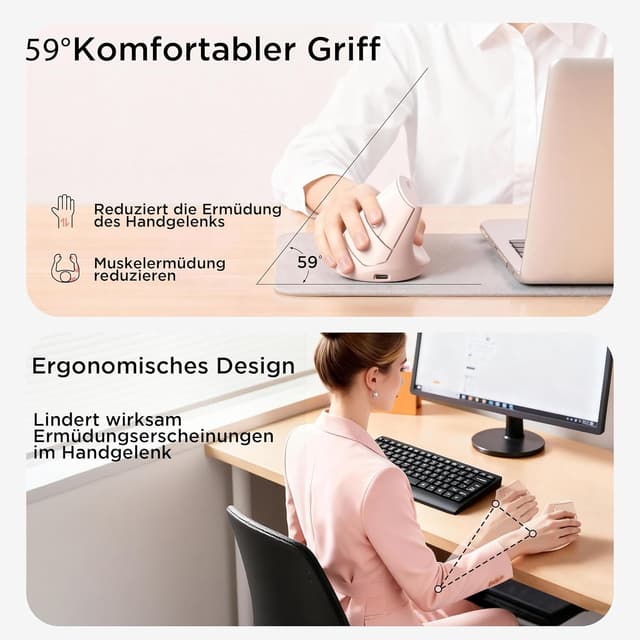 Detalle de Uineer kabellose vertikale Multi-Device Maus (Tri-Mode) mit 2.4G/BT 4.0/5.0, 4 DPI-Stufen und 6 Tasten – Rosa