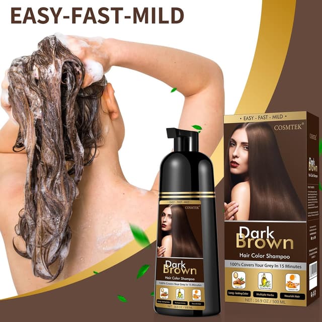 Detalle de COSMTEK Dark Brown Hair Dye Shampoo (Ammonia-Free, 3-in-1) for Men & Women — 500ml