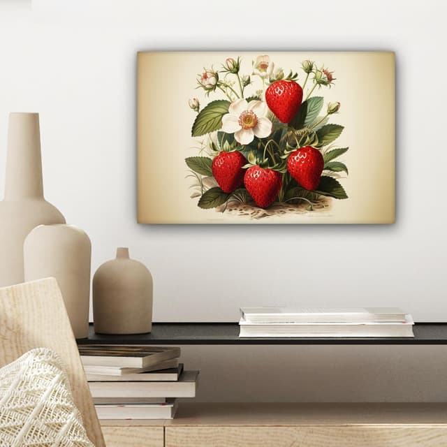 Detalle de MuchoWow© Impression sur toile déco murale 30x20 cm – Fraises, plantes et fruits (beige)