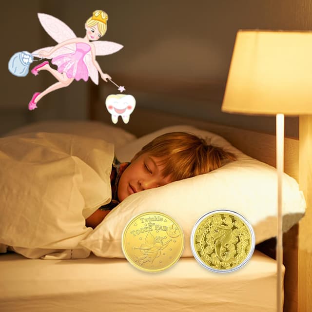 Detalle 2 de VEEKAY Zahnfee Münzen (20 Stück) – Goldtaler mit verschiedenen Motiven als Geschenk für Kinder