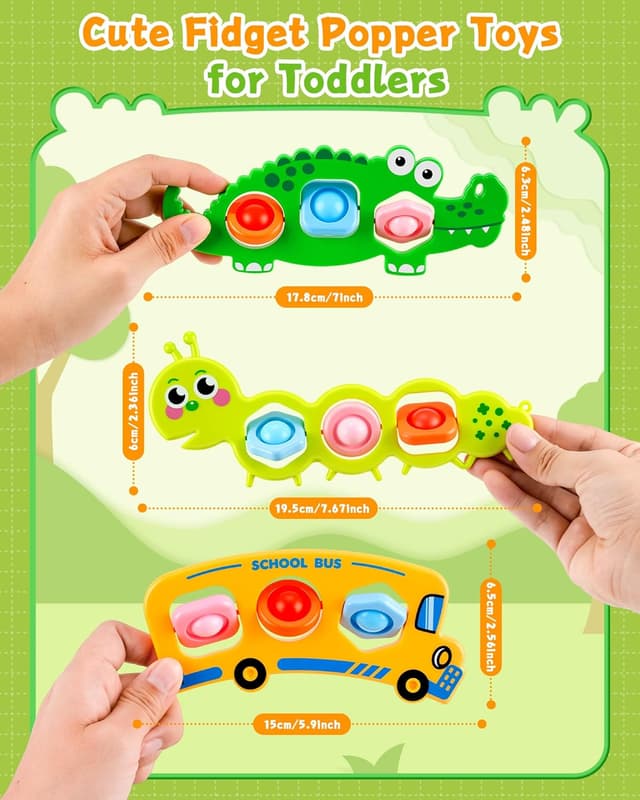 Detalle de 4-teiliges Fidget Toys Set mit Bubble Popper: Raupe, Krokodil & Schulbus (ab 12 Monate)