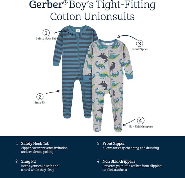 Detalle 2 de Gerber Baby Jungen 2er-Set Füßlinge-Schlafanzüge mit Reißverschluss