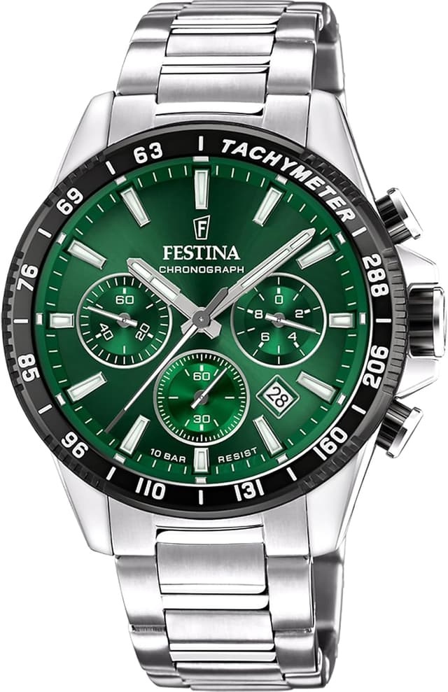 Detalle de Festina Timeless Chronograph F20560/4 para hombre: cronógrafo analógico de acero 316L y 10 ATM