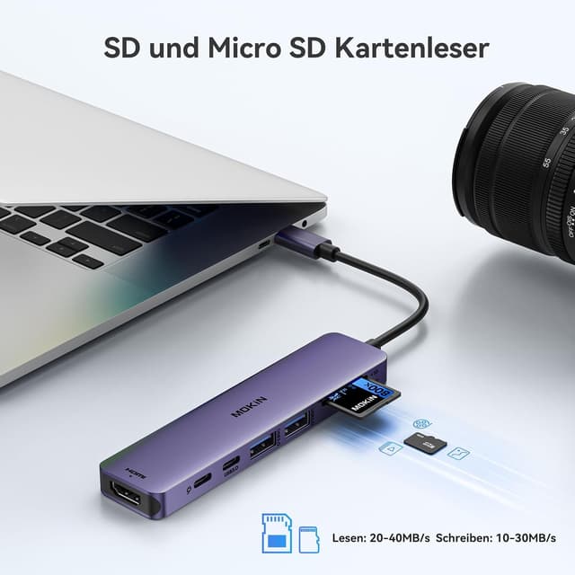 Detalle de MOKiN USB-C Hub 7-in-1 (HDMI 4K, 2× USB 3.0, SD/microSD, USB-C PD 100 W) für MacBook, iPad & Co. (lila)