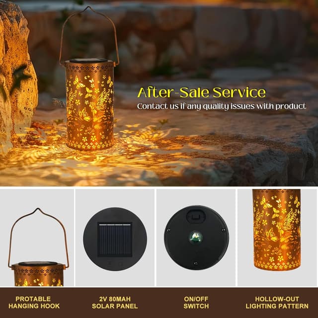 Detalle de 2 Pack Fairy Solar Lanterns Outdoor Hanging Lantern Lights with Butterfly Hollowed-Out Metal Design