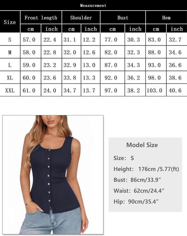 Detalle de Aottori débardeur femme sans manches côtelé à boutons, col rond et coupe slim fit