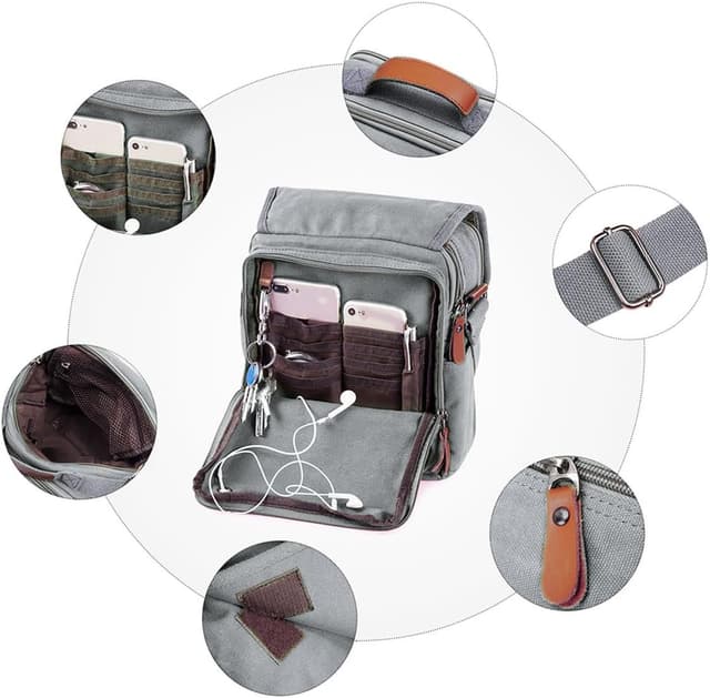 Thumbnail 6 de CHEREEKI Canvas Bag Messenger Shoulder Bag with Multiple Pockets (holds 10-inch tablet)