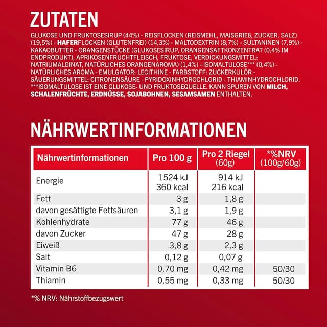 Detalle de Enervit Competition Bar Orange – Energieriegel mit Orangestückchen, 22 g Kohlenhydrate (vegan, glutenfrei), 12 Riegel à 30 g