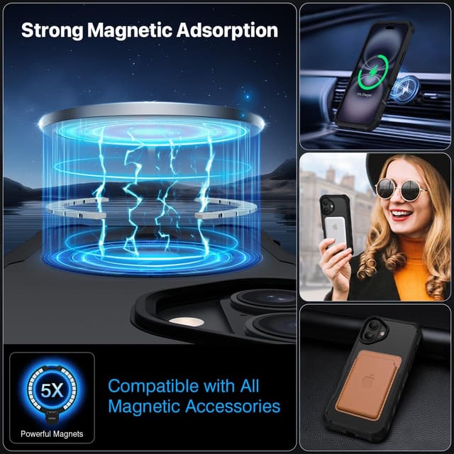 Detalle 2 de CENHUFO iPhone 16 Plus case with built-in privacy screen protector, clear back & 360° magnetic ring stand (Black)