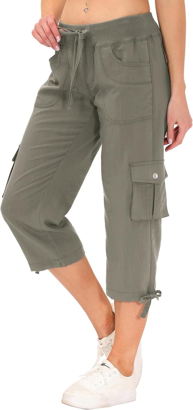 Detalle de MoFiz Women’s Relaxed-Fit Capri Pants 3/4 Hiking Joggers with Cargo Pockets