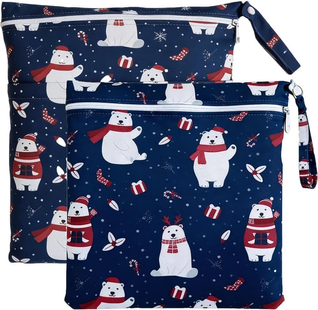 Detalle de TRASUN Wetbag Kindergarten Nasstasche/Nasstaschen-Set „Schneebär“ (2er-Set) für Windeln und Schwimmsachen