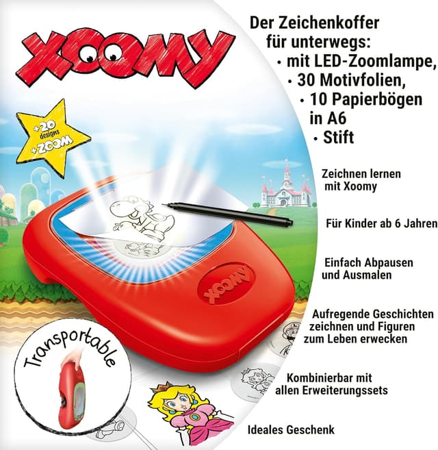Detalle 2 de Ravensburger Xoomy Midi Super Mario Zeichenkoffer (ab 6 Jahren) – LED-Zoomlampe & 20 Motive