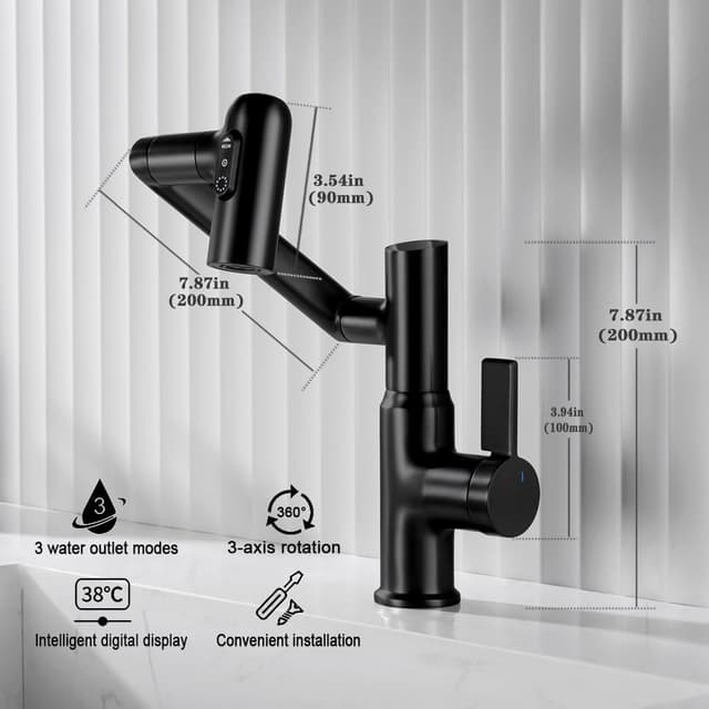 Detalle 2 de GEOATON Temperature Bathroom Taps with Temperature Display, Matte Black – Single Handle, 2 Sprays