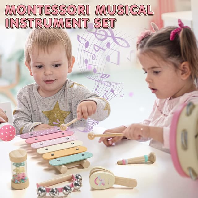 Detalle de Lehoo Castle Kids toddler wooden musical instruments set (18M+) – xylophone, maraca, tambourine, more