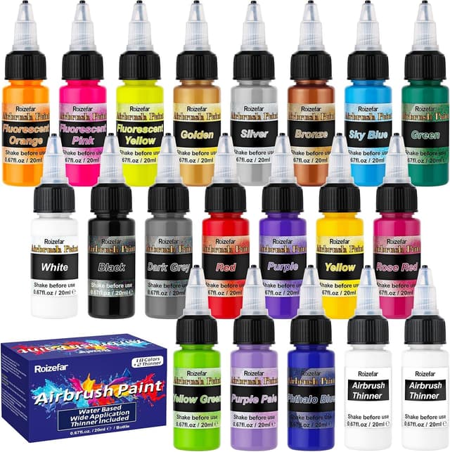 Detalle de Roizefar Airbrush Farben Set (18 Acrylfarben + 2 Airbrush-Verdünner) mit Neon-Farben, 20 ml je Dose