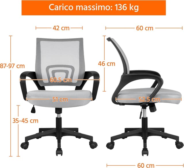 Detalle de Yaheetech Sedia da Scrivania Ergonomica Reclinabile in Rete Traspirante con Braccioli e Rotelle, Altezza Regolabile (Portata 136 kg) Grigio
