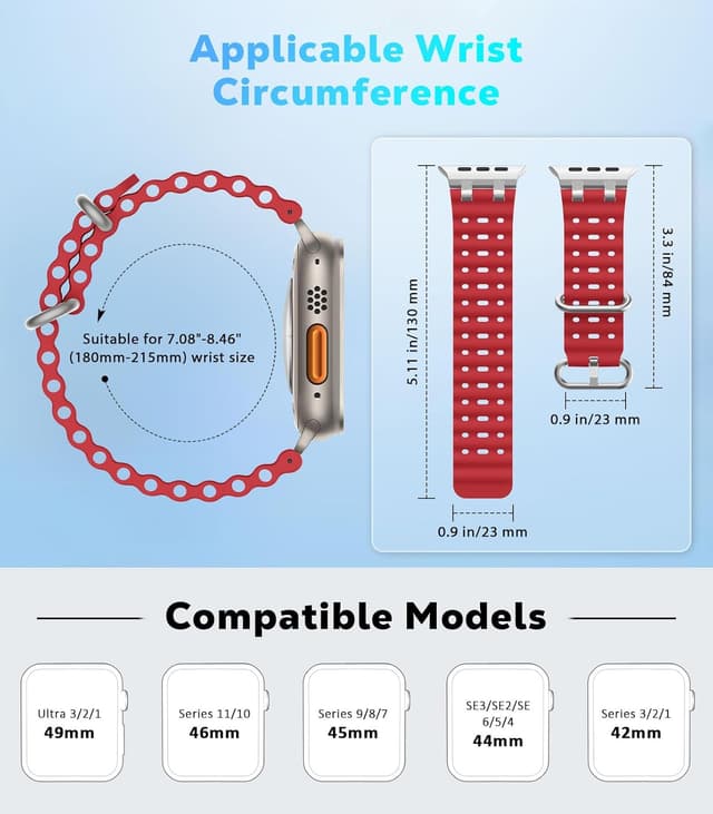 Detalle 2 de Astorgos Upgraded Ocean Band strap for Apple Watch Ultra & Series (compatible 49mm–42mm) – breathable sport silicone with stainless connector